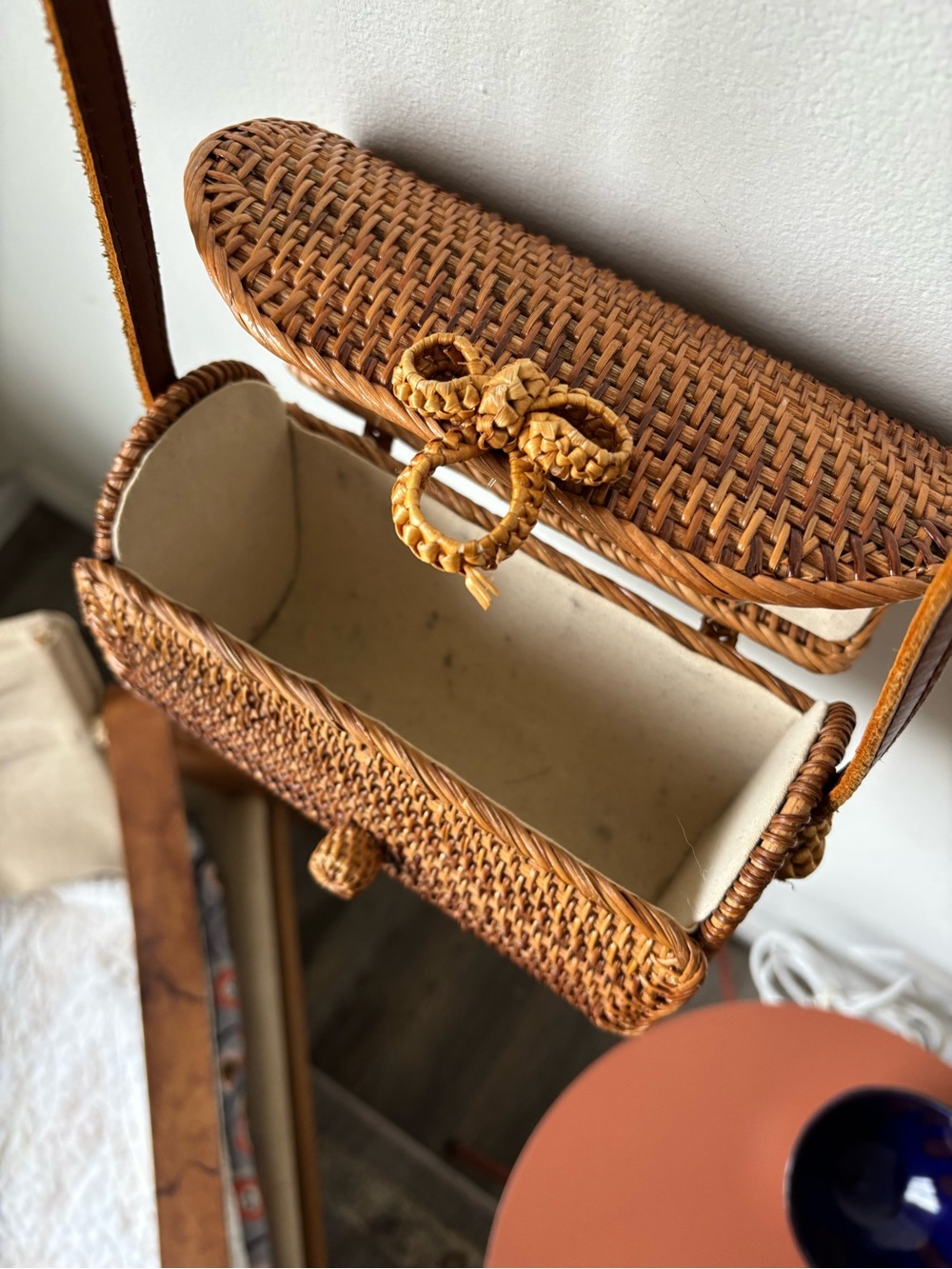 Bali Handwoven Brown Rattan Crossbody Bag with Leather Strap - Picture 5 of 8